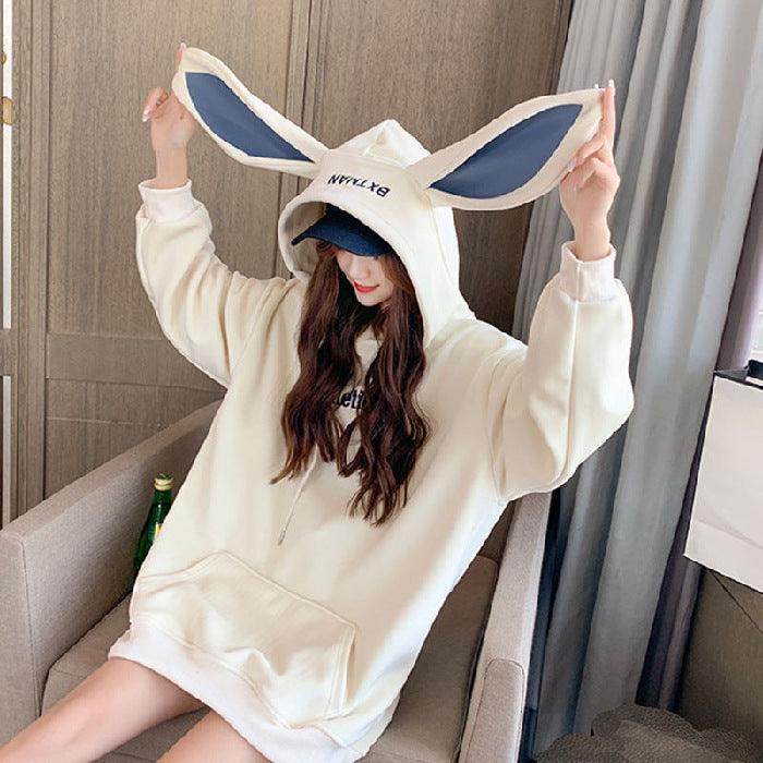 Sweet Cute Preppy Style Rabbit Ears Plus Velvet Thick Hoodies - Sherpa