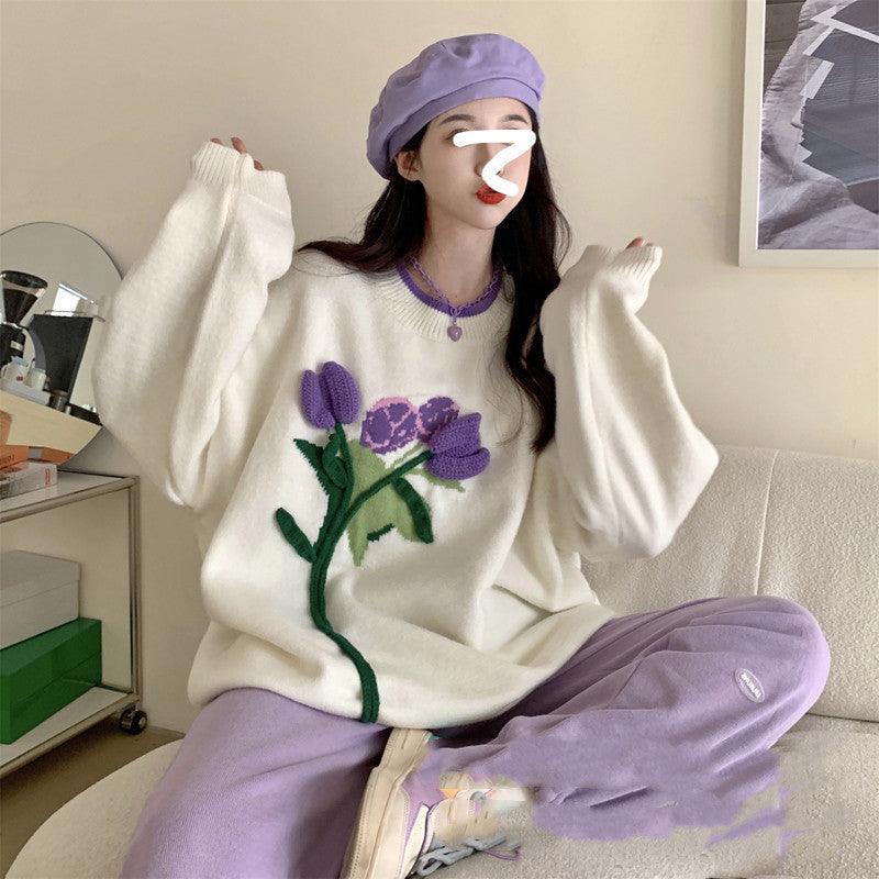 Lazy Wind New Colorblock Sweet Loose Knit Sweater - Sherpa