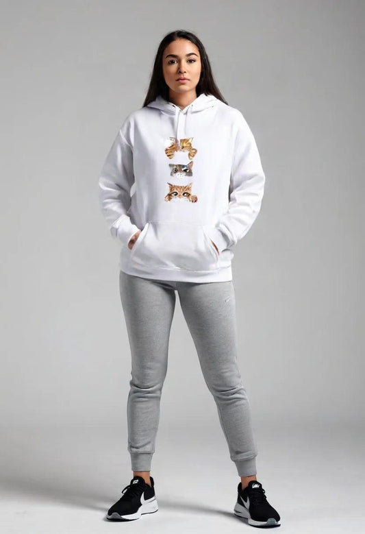 Cat Print Hooded Pullover Leisure Hoodie - Sherpa