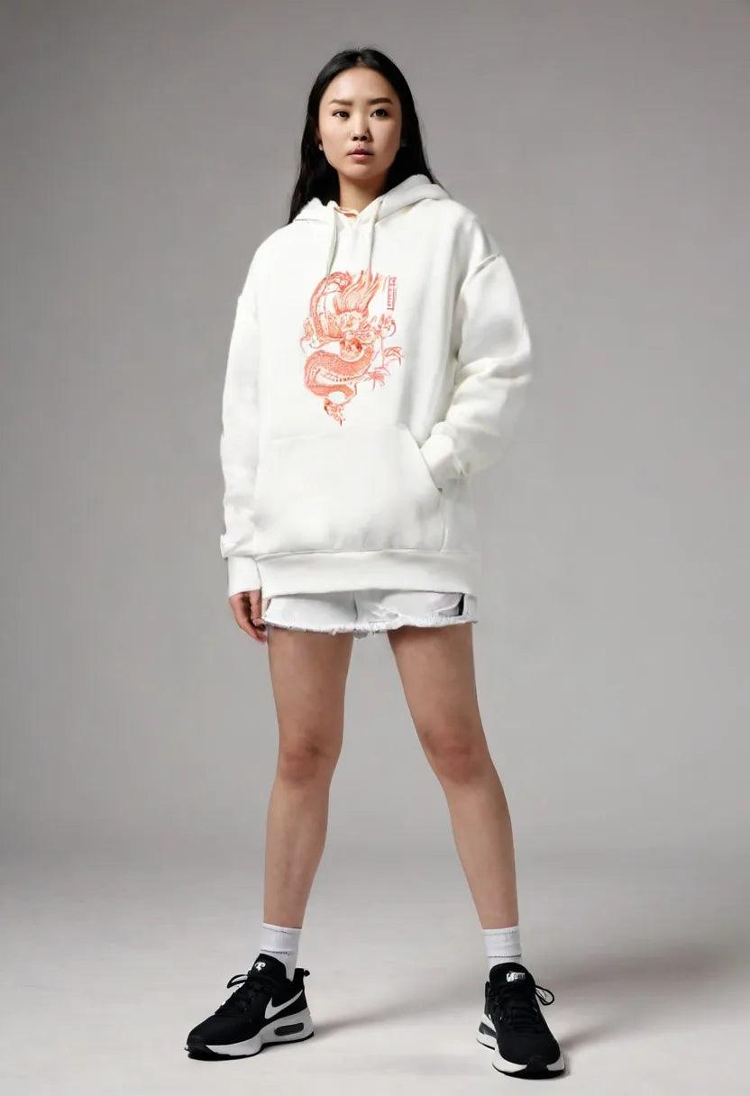 Hoodies Harajuku Vintage Dragon Pattern Printed Female Street Hoodies - Sherpa