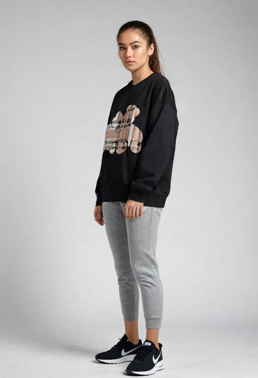 Bear Floral Print Long Sleeve Pullover Round-neck Sweater Coat Top - Sherpa